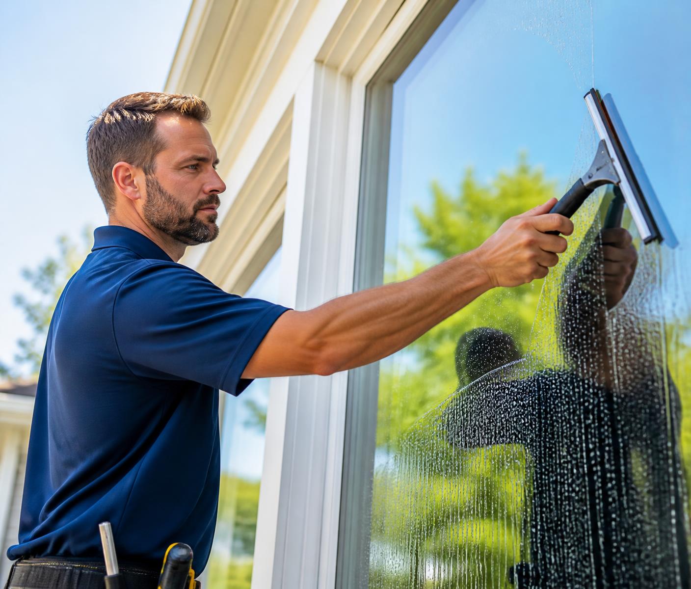 Professional window cleaner squeegeeing a spotless residential window in Corning, NY